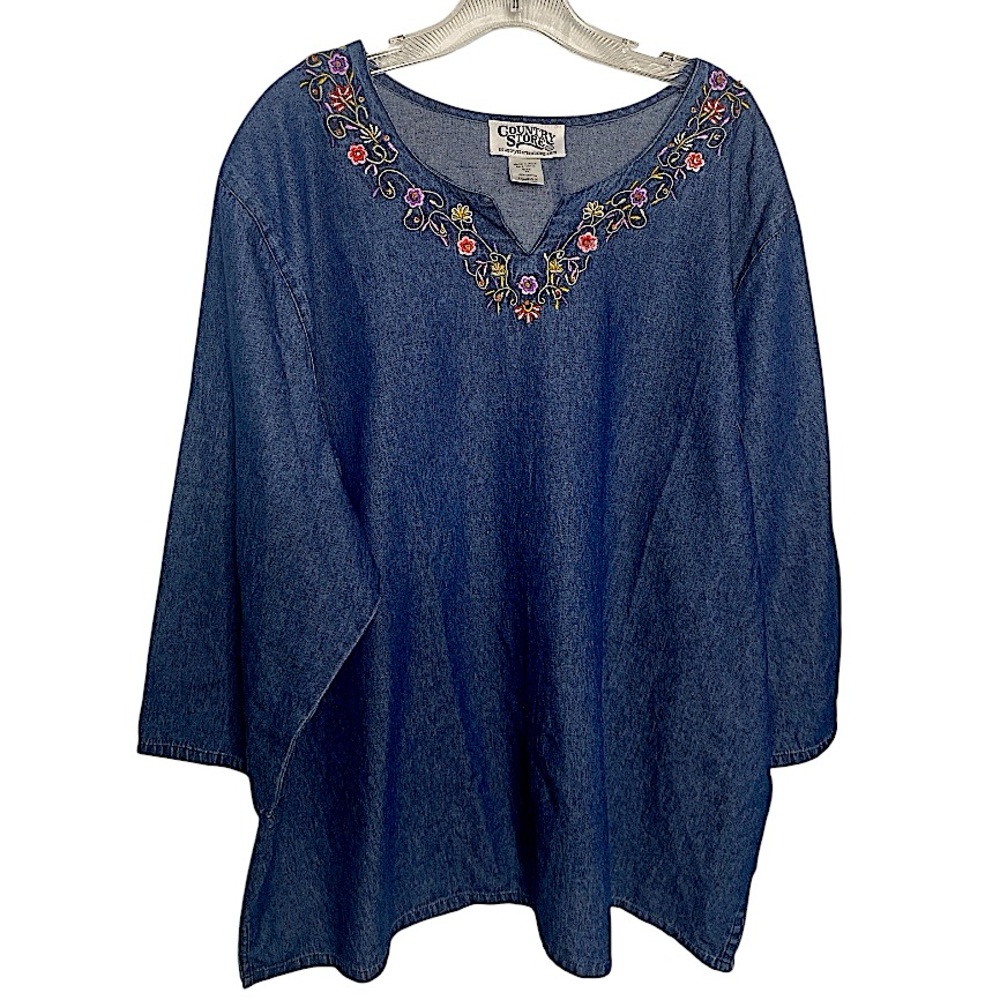 Denim Tunic Blouse Plus Sz 3X Comfy Cottagecore Embroidered & Beaded Western Top